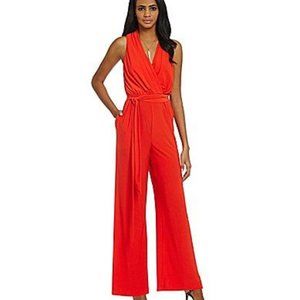VINCE CAMUTO RED FAUX WRAP JUMPSUIT